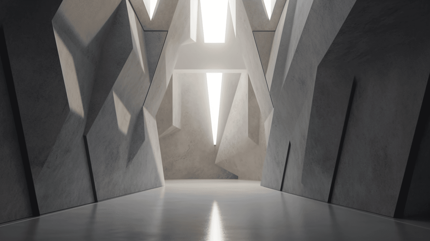 Faceted grey walls with a trowelled concrete texture above a glossy grey floor, lit by narrow skylights