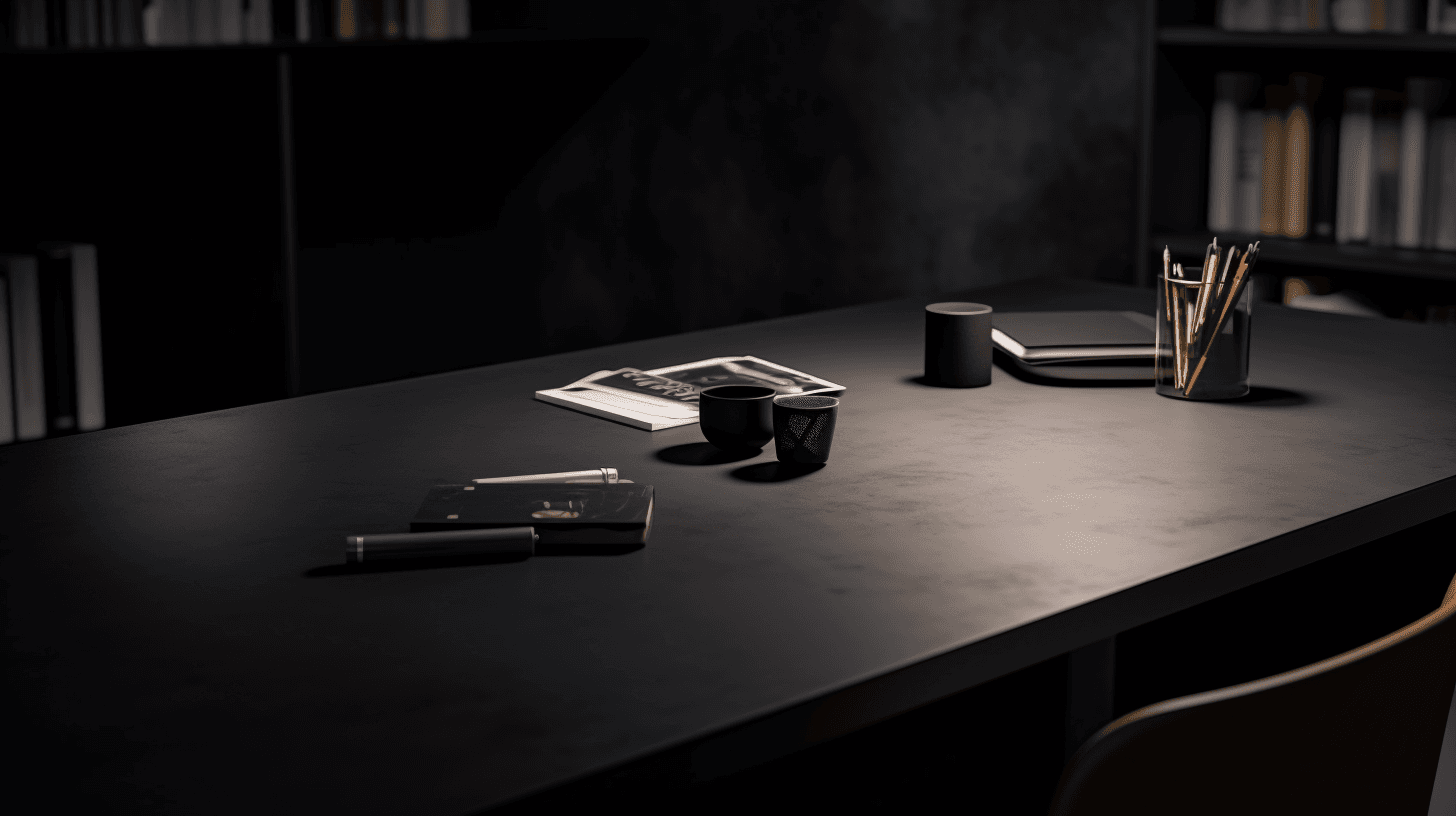 Dark charcoal microcement tabletop with a soft, mottled matte finish, set with a notebook, cups and pencils