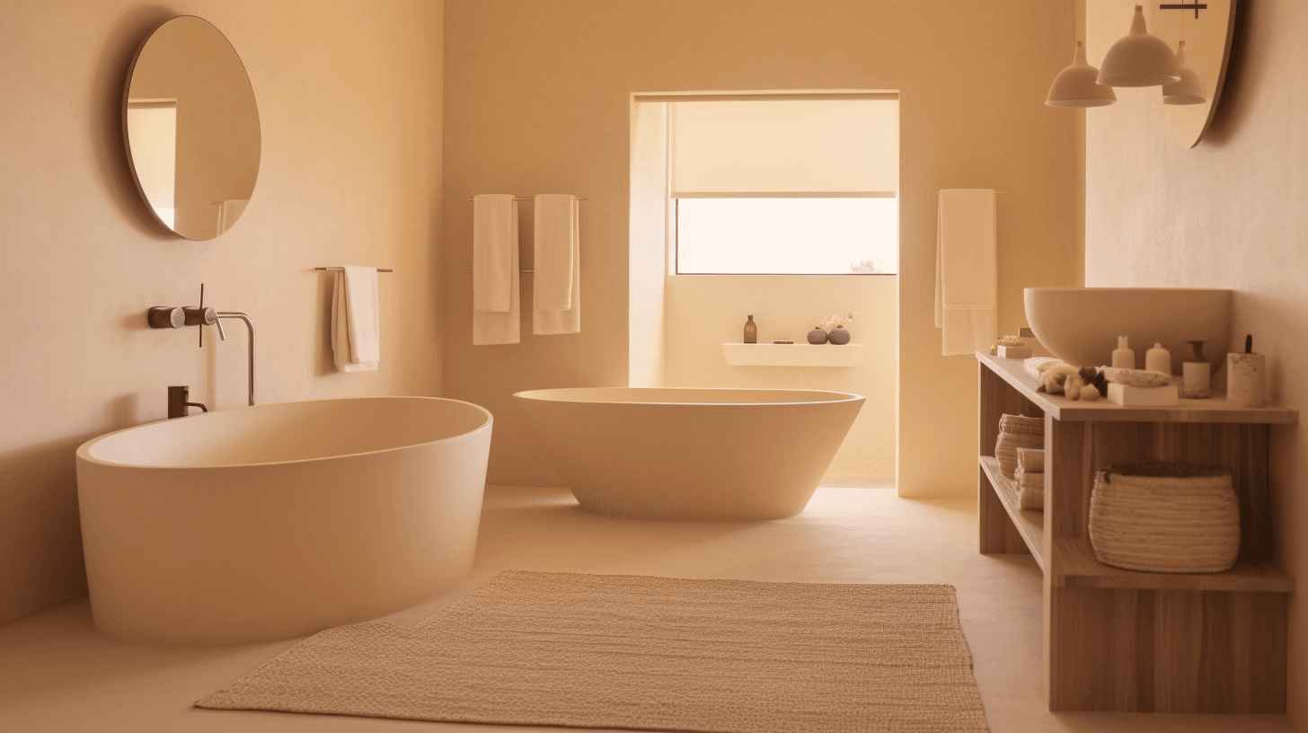 Warm beige bathroom with seamless walls and floor, two freestanding baths and a timber vanity