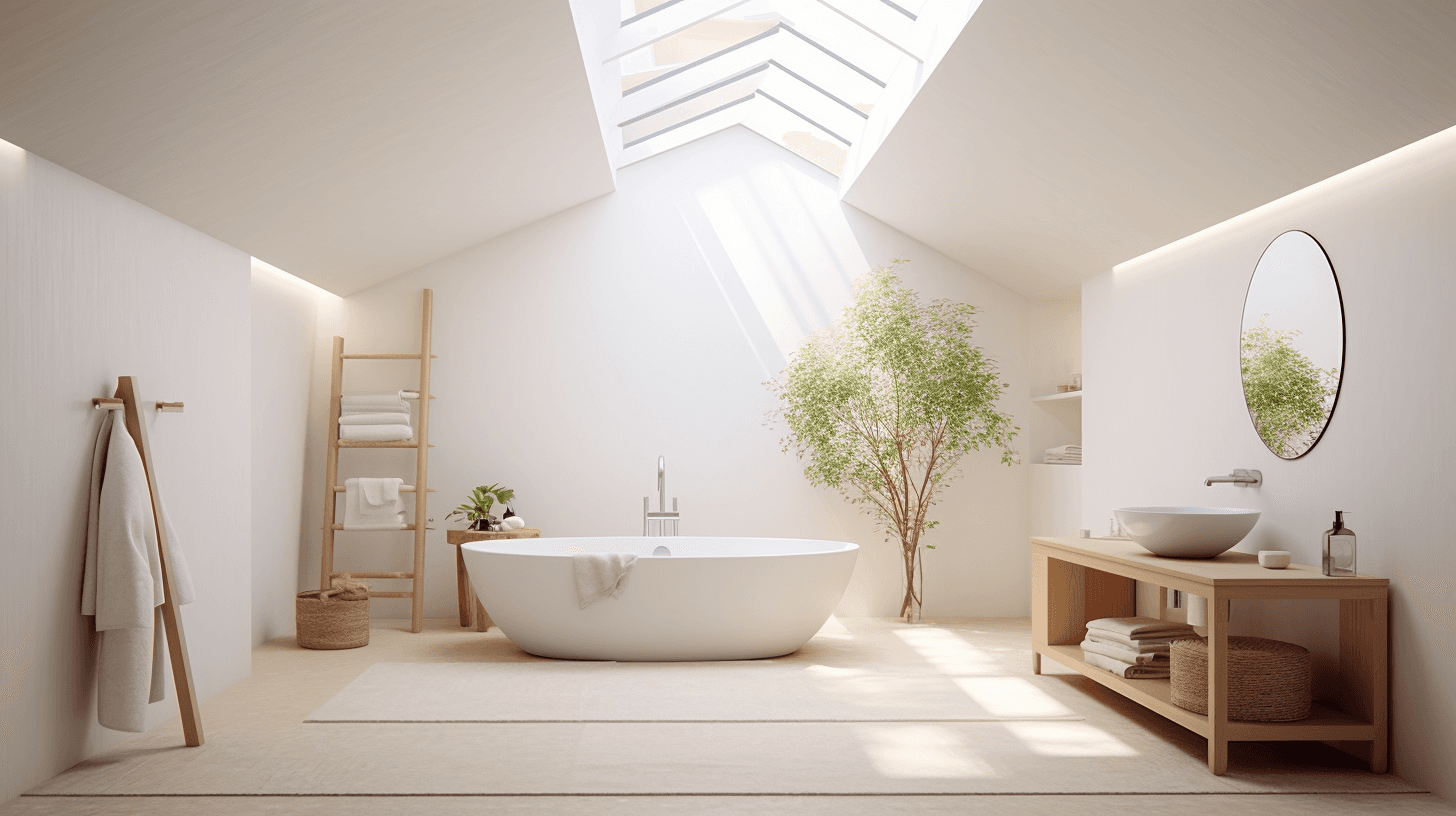 Bright white bathroom with a skylight, freestanding bath and timber vanity on a pale floor