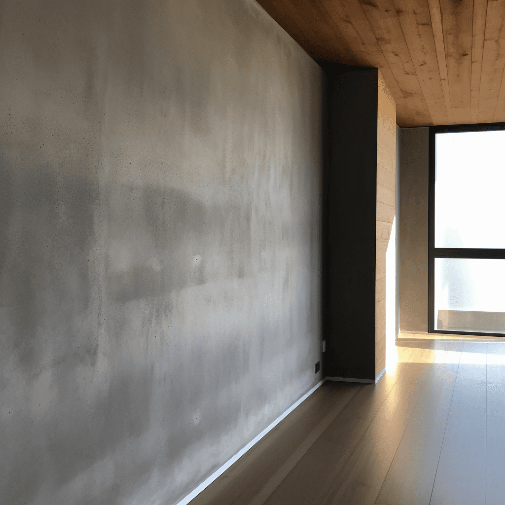 Grey microcement wall with soft, cloudy tonal variation, meeting a timber floor and timber-lined ceiling beside a bright window