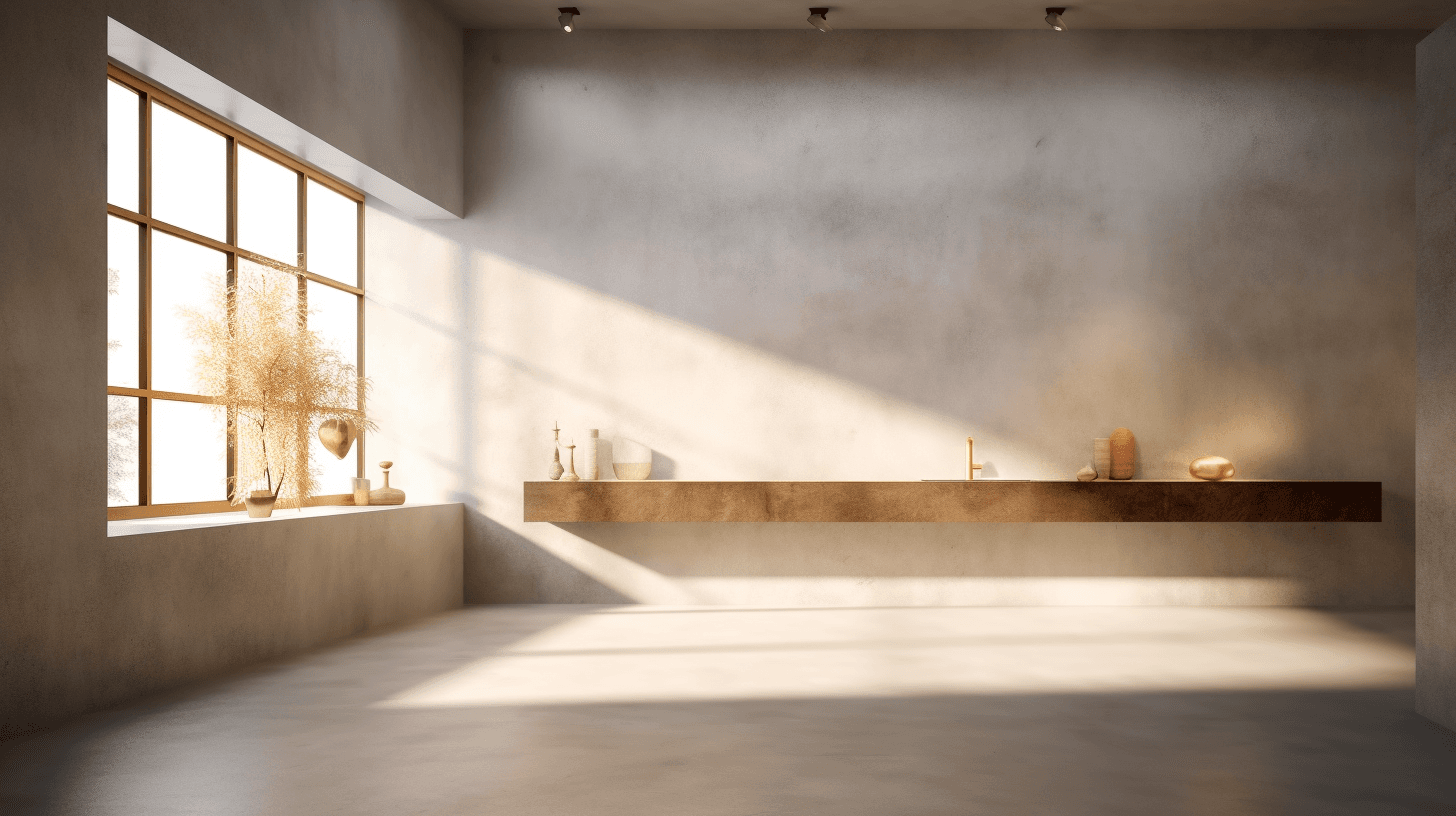 Warm grey trowelled microcement wall and floor washed with low, golden sunlight from a large window, with a long floating shelf