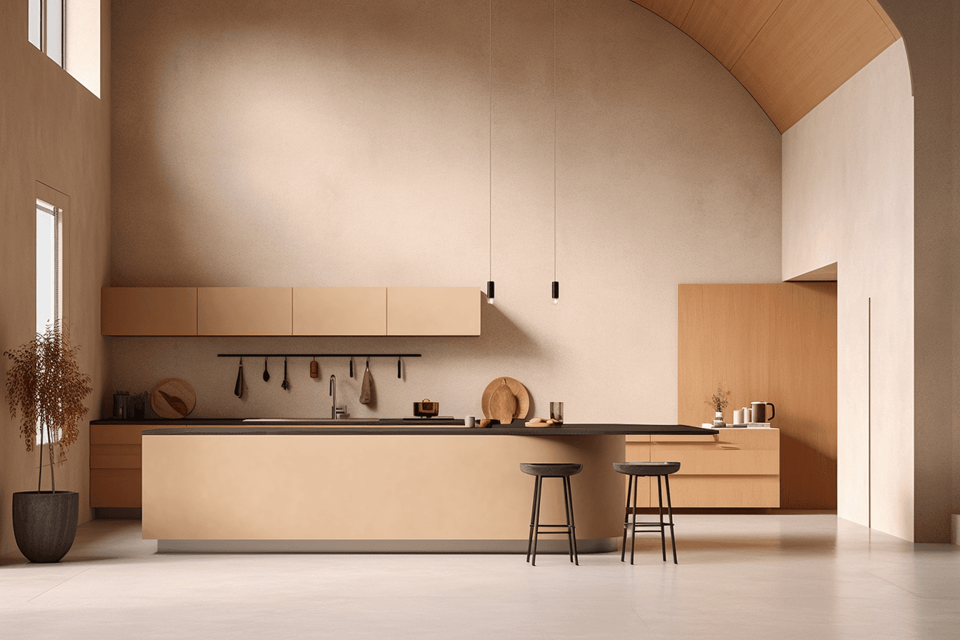 Warm neutral kitchen with a pale seamless floor, softly textured blush walls and a curved island with two stools beneath a timber-lined vault