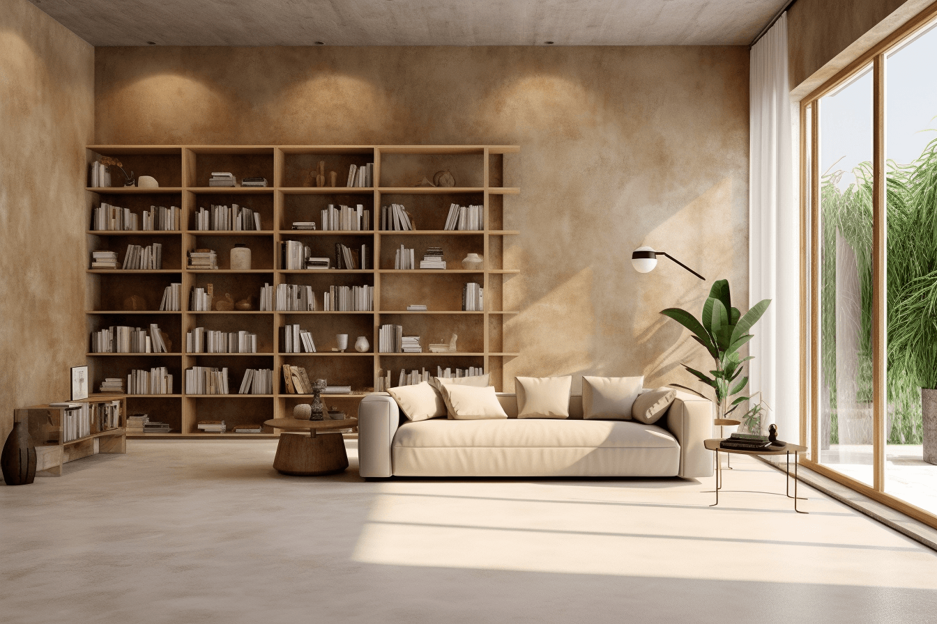 Living room with mottled sand-coloured walls, a pale seamless floor, timber shelving and a cream sofa