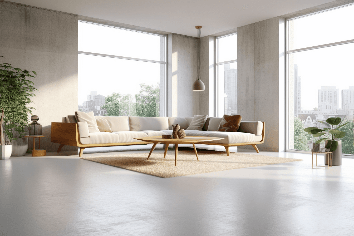 Bright living room with a seamless light grey microcement floor, a cream sectional sofa, a round timber coffee table and tall windows