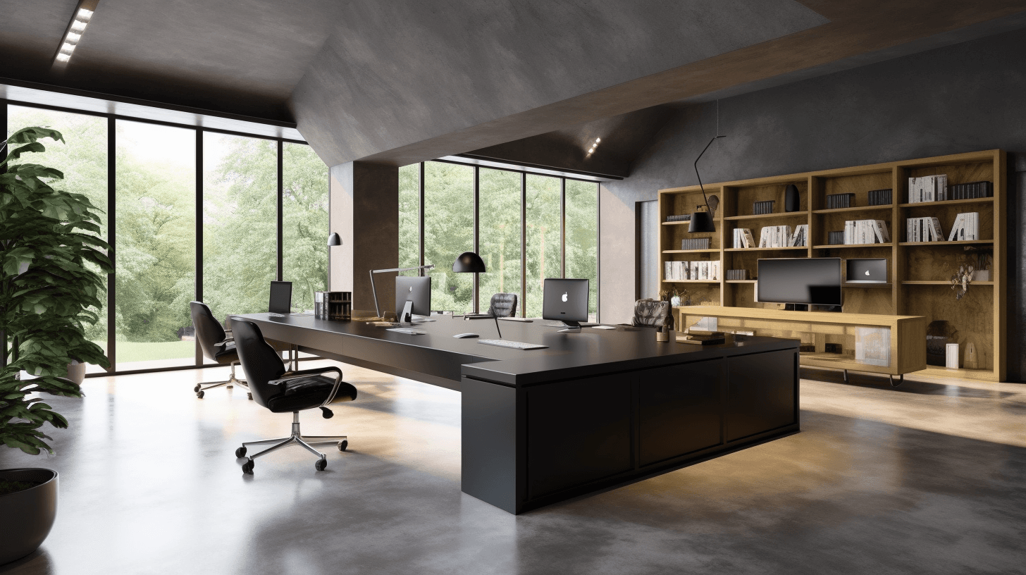 Office with a mottled grey concrete-look floor, textured grey walls and a black desk beside tall windows